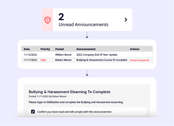 A link in the SkillStation app leading to the Announcements user interface