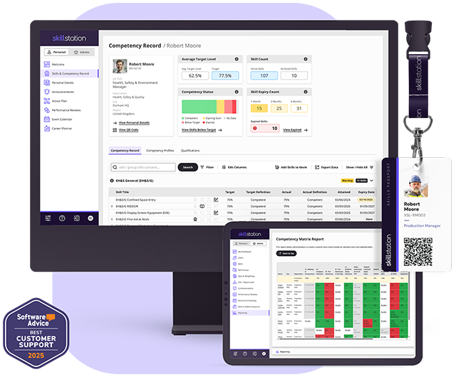 Views of SkillStation on a computer screen and mobile device, and a Skills and Safety Passport