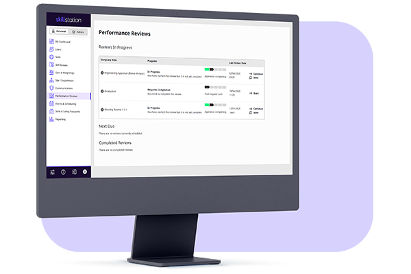 A computer screen displaying a manager's view of Performance Reviews in SkillStation