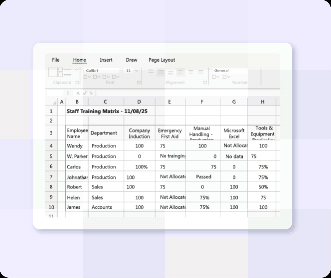 GIF with a swipe animation showing a basic spreadsheet becoming a Skill Station Competency Matrix