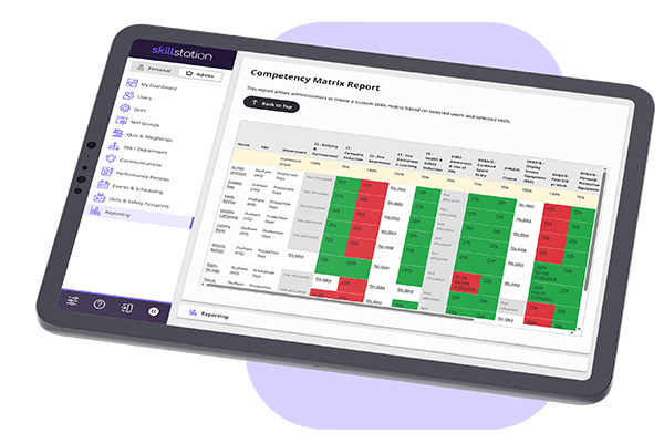 A tablet device displaying a Skills Matrix in SkillStation