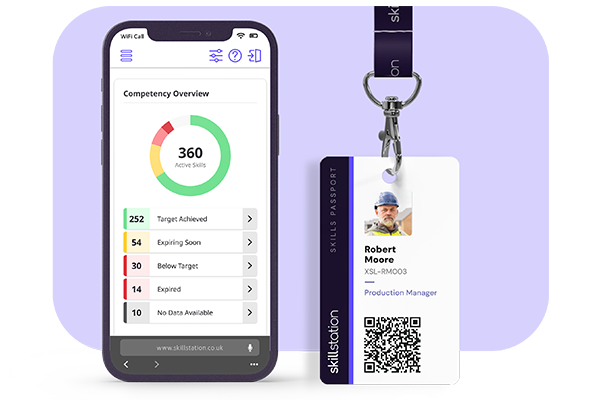 A mobile phone displaying a Competency Overview widget, adjacent to a Skills and Safety Passport