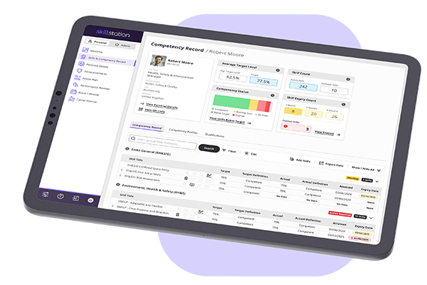 A tablet device displaying a Competency Record in SkillStation